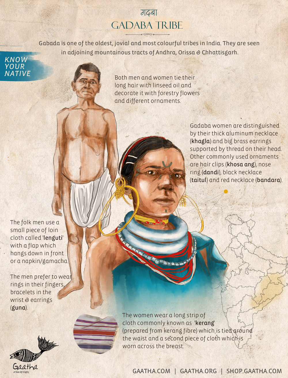 Gadaba tribe of India inhabit the mountainous tracts of Andhra, Orissa and Chhattisgarh.